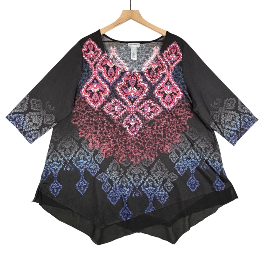 Catherines Top Womens 1X (18/20W) Black Floral Abstract‎ 3/4 Sleeve Slub
